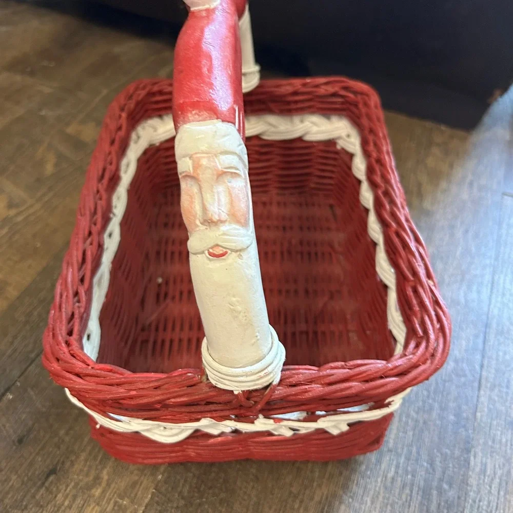 Vintage Style Christmas Santa Claus Wooden Wicker Basket Red White Holiday  10in